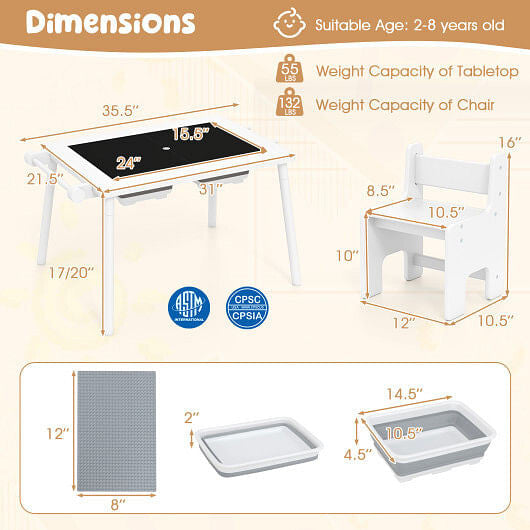 Sensory Table and Chair Set for Kids 2-8 with Foldable Bins-White