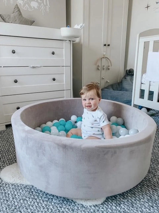 Grey Velvet Sensory Ball Pit with 200 Aqua, White, & Grey Balls - Sensory Haven