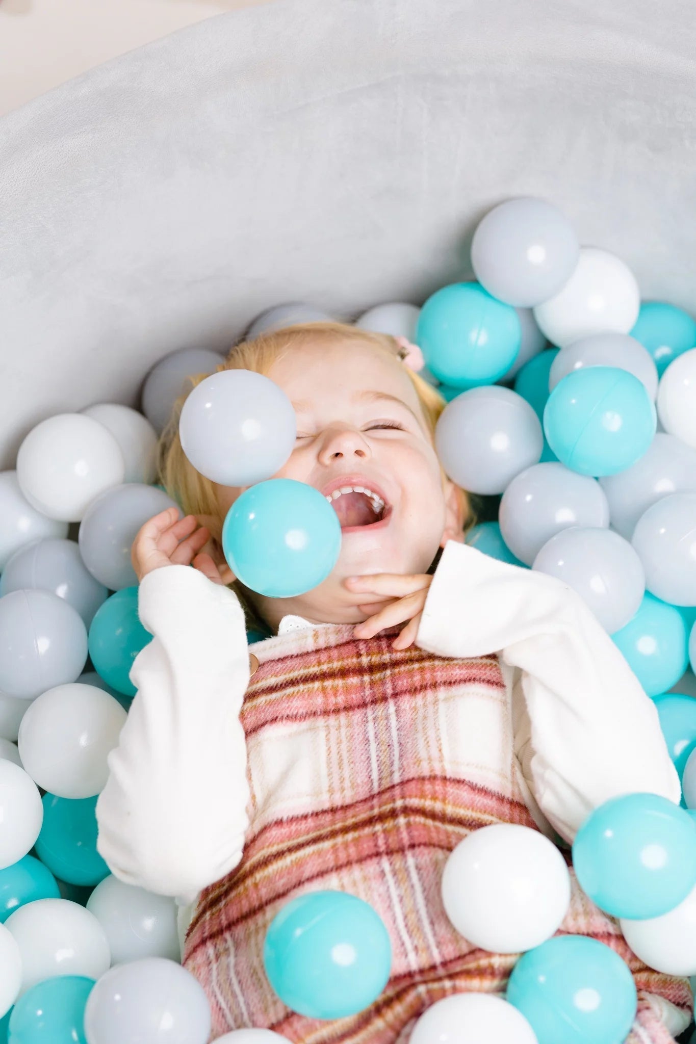 Grey Velvet Sensory Ball Pit with 200 Aqua, White, & Grey Balls - Sensory Haven