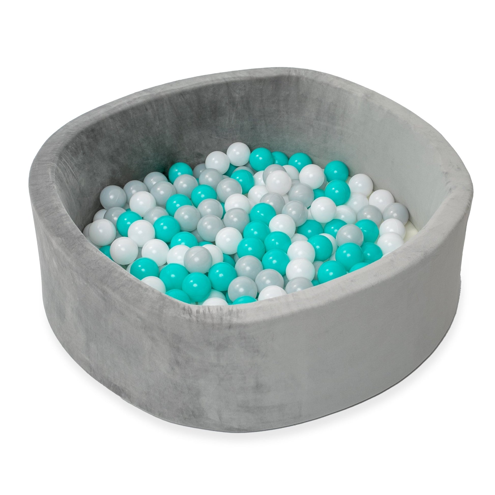 Grey Velvet Sensory Ball Pit with 200 Aqua, White, & Grey Balls - Sensory Haven