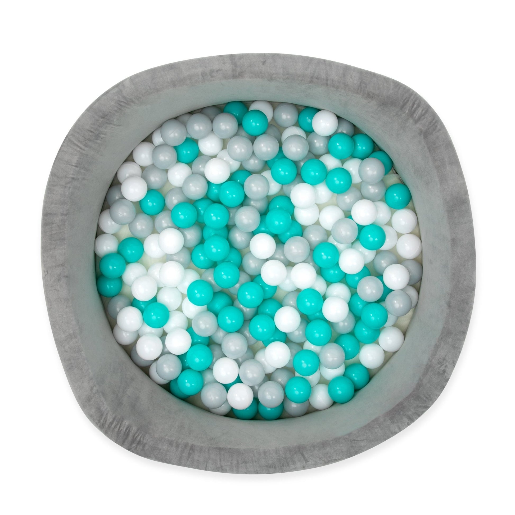 Grey Velvet Sensory Ball Pit with 200 Aqua, White, & Grey Balls - Sensory Haven